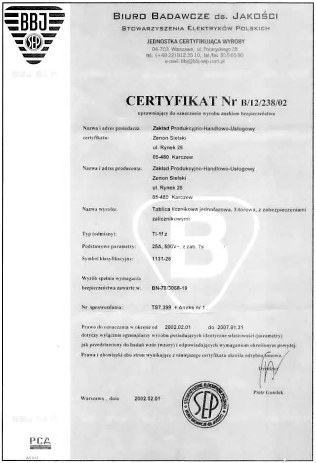 Certyfikat jakości firmy Sielski